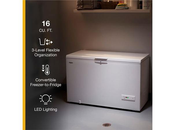 Whirlpool 16 Cu. Ft. Convertible Chest Freezer with 3 Storage Levels WZC5216LW