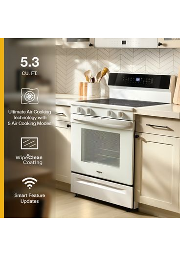 Whirlpool 30-inch Smart Electric Smart Range with Air Cooking Technology, No Preheat Air Fry, High Speed Preheat Oven, WipeClean™ Coating, and Steam/Self Clean WFES7530RW