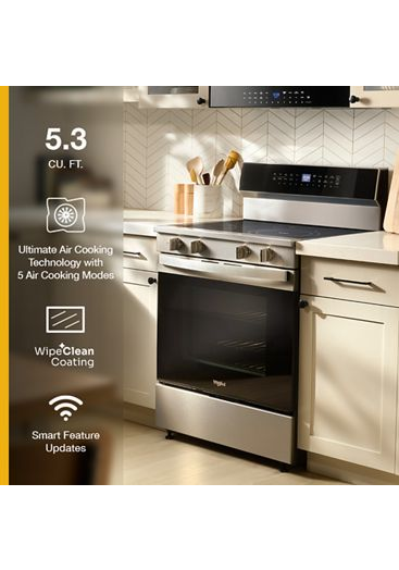 Whirlpool 30-inch Smart Electric Smart Range with Air Cooking Technology, No Preheat Air Fry, High Speed Preheat Oven, WipeClean™ Coating, and Steam/Self Clean WFES7530RZ