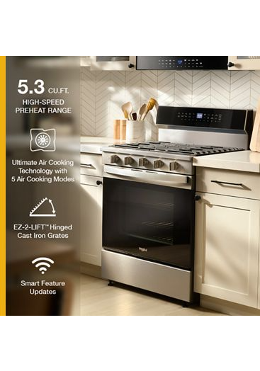 Whirlpool 30-inch Smart Gas Range with Air Cooking Technology, No Preheat Air Fry, Steam/Self Clean and High Speed Preheat WFGS7530RZ