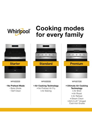 Whirlpool 30-inch Smart Gas Range with Air Cooking Technology, No Preheat Air Fry, Steam/Self Clean and High Speed Preheat WFGS7530RZ