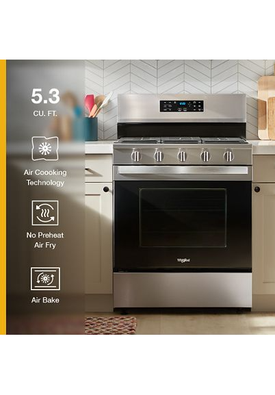 Whirlpool 30-inch Gas Range with Air Cooking Technology, No Preheat Air Fry and Air Baking and Self Clean WFGS5030RS