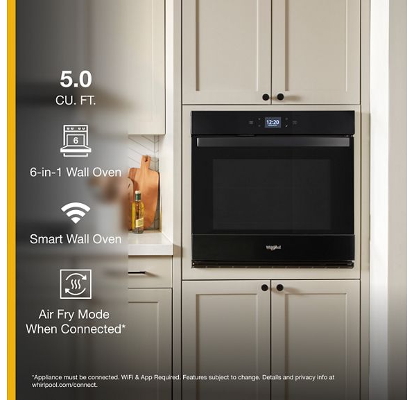 Whirlpool 5.0 Cu. Ft. Single Wall Oven with Air Fry When Connected WOES5030LB