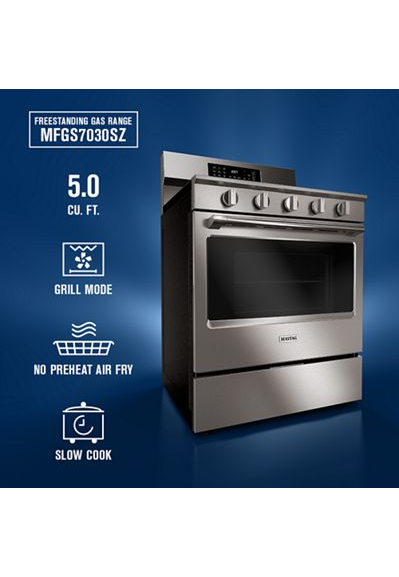 Maytag 30-Inch Wide Freestanding Gas Range with Grill Mode and No Preheat Air Fry - 5.0 Cu. Ft. MFGS7030SZ