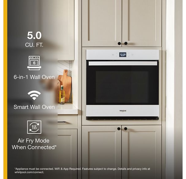 Whirlpool 5.0 Cu. Ft. Single Wall Oven with Air Fry When Connected WOES5030LW