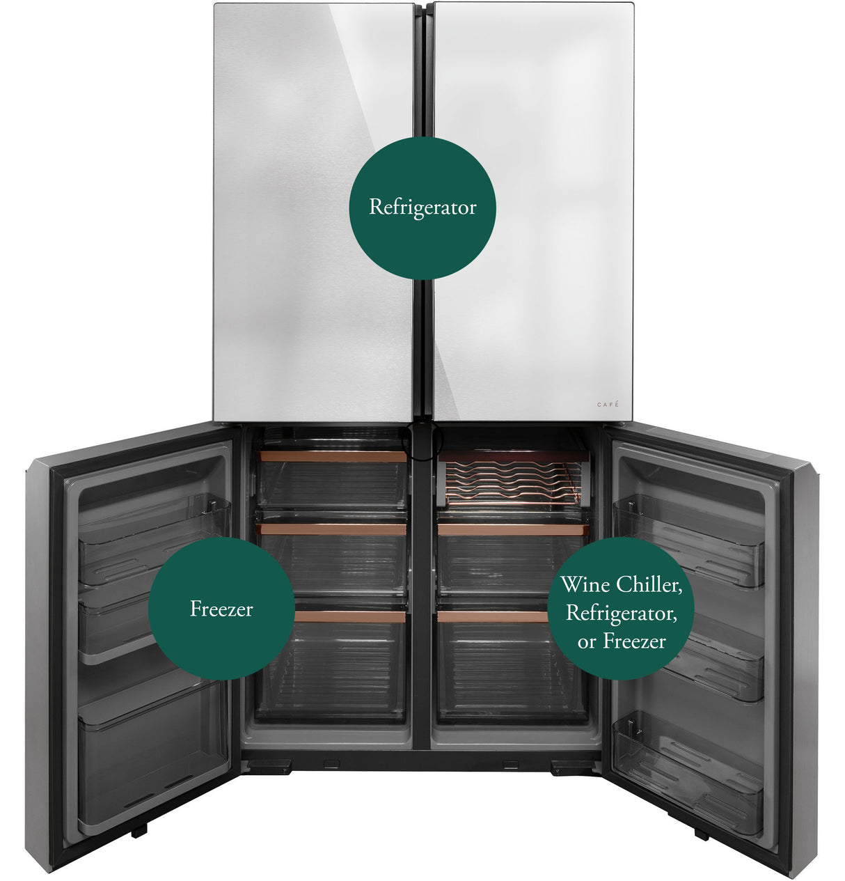 Café™ ENERGY STAR® 22.9 Cu. Ft. Smart Counter-Depth Quad-Door Refrigerator in Platinum Glass with Dual-Dispense AutoFill Pitcher CHE23DM5WS5