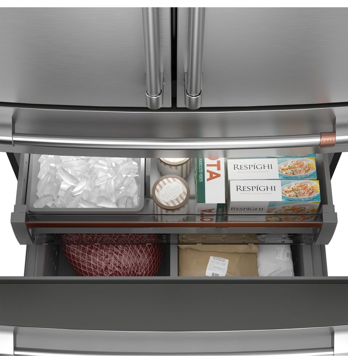 Café™ ENERGY STAR® 23.2 Cu. Ft. Smart Counter-Depth 4-Door French-Door Refrigerator in Platinum Glass With Dual-Dispense AutoFill Pitcher CJE23DM5WS5