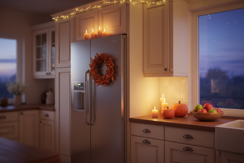 French-door refrigerator in a warm cream and walnut kitchen with an autumn leaf wreath