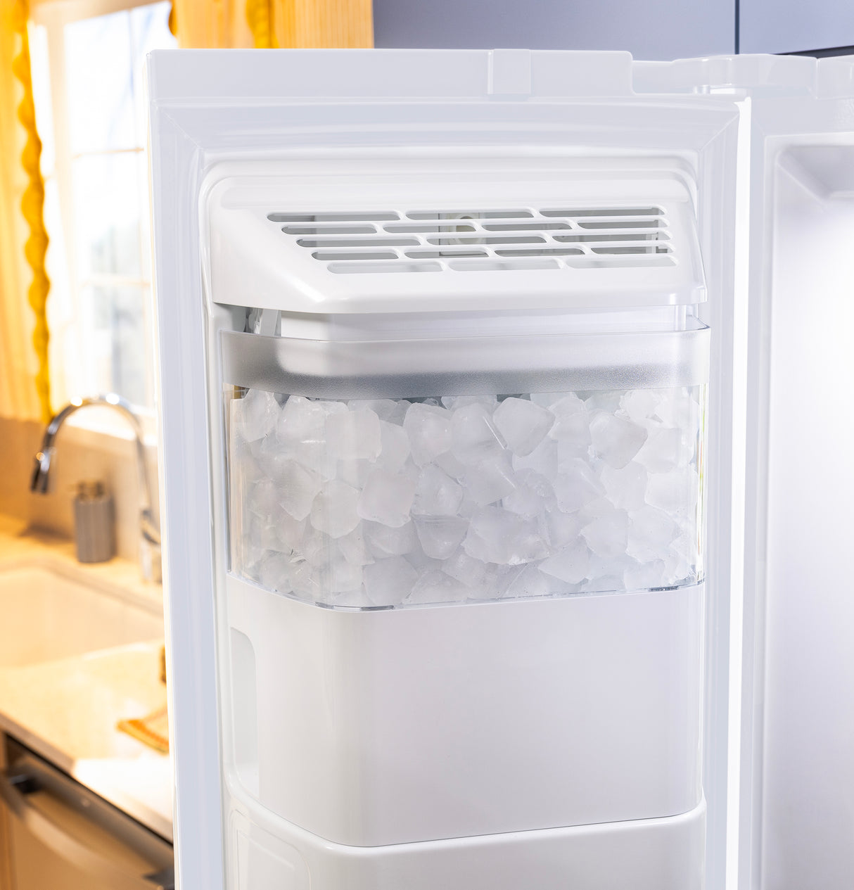 GE® 27.9 Cu. Ft. Side-By-Side Refrigerator with Extra Tall Dispenser and In-Door Icemaker GSS28NGYWW
