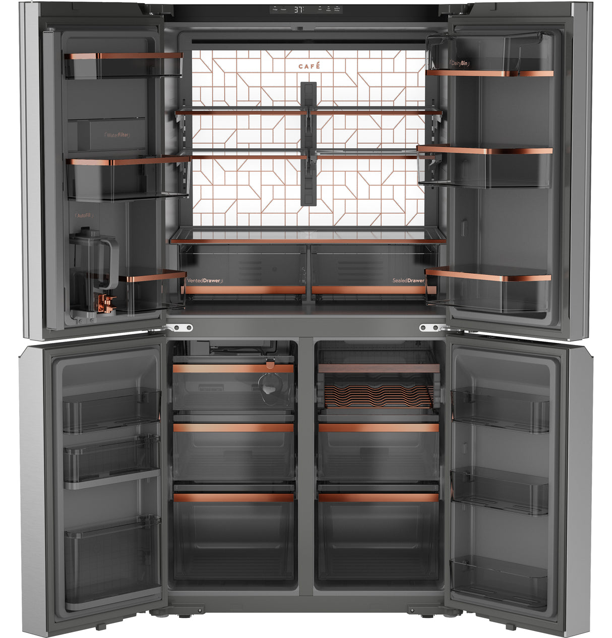 Café™ ENERGY STAR® 22.9 Cu. Ft. Smart Counter-Depth Quad-Door Refrigerator in Platinum Glass with Dual-Dispense AutoFill Pitcher CHE23DM5WS5