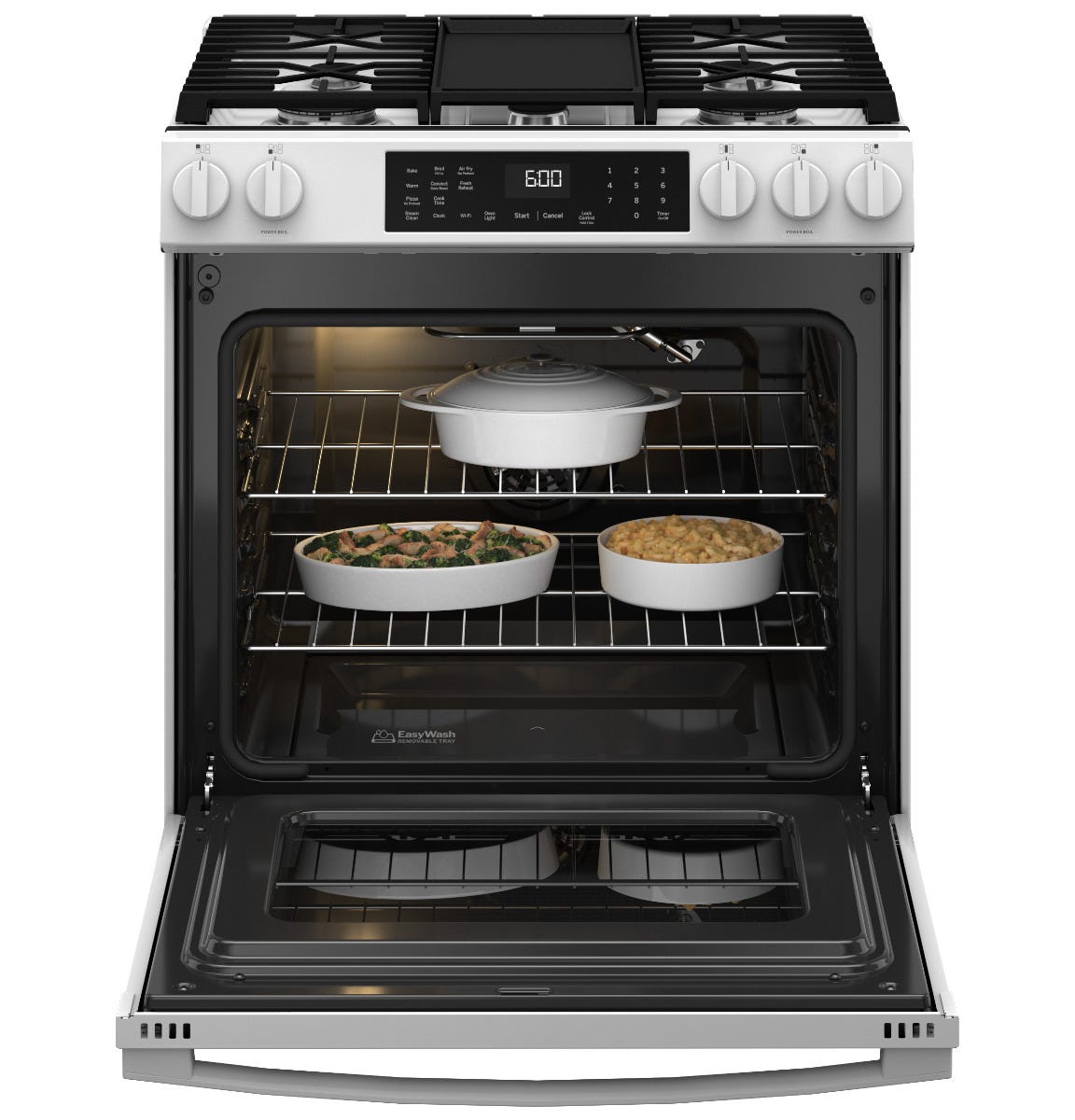 GE® 30" Slide-In Front-Control Convection Gas Range with No Preheat Air Fry and EasyWash™ Oven Tray GGS600AVWW