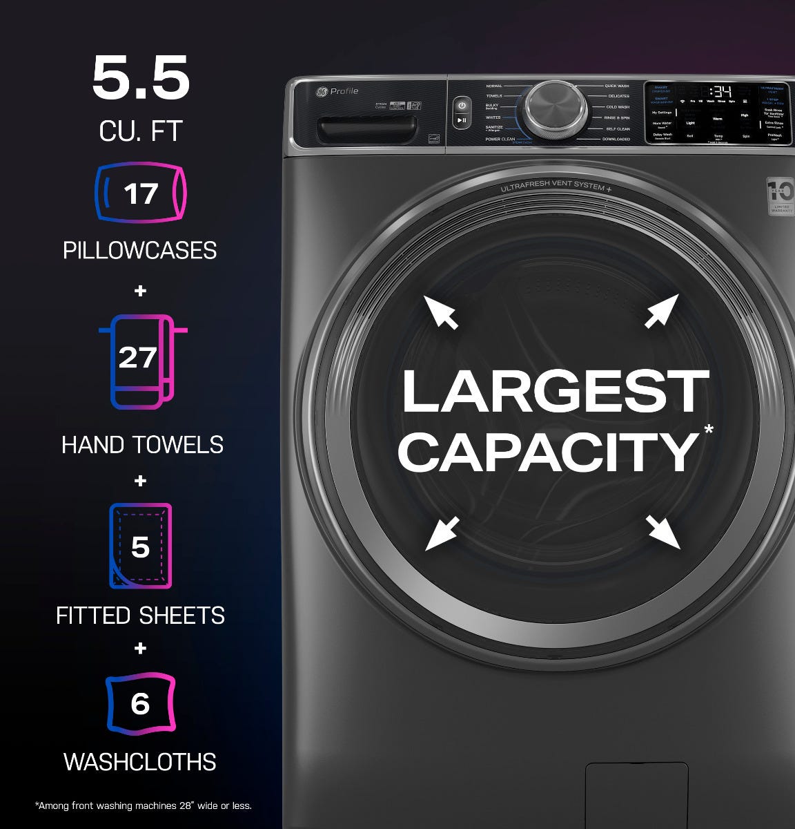 GE Profile™ 5.5 cu. ft. Capacity Smart Front Load ENERGY STAR® Steam Washer with UltraFresh Vent System Plus and Smart Wash + Rinse PFW955SPWDS