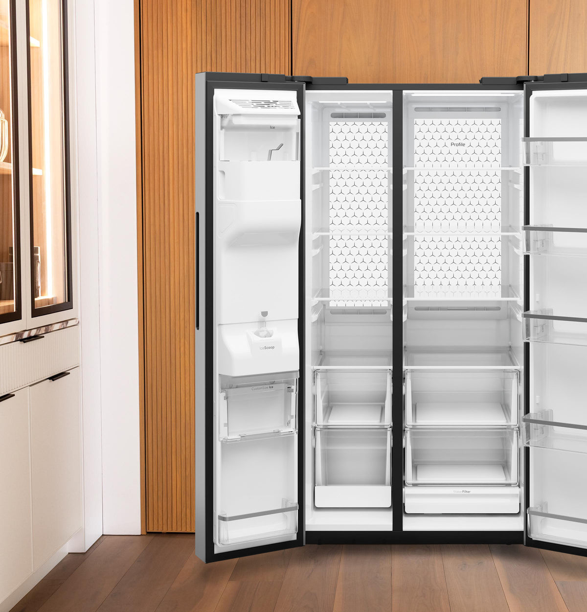GE Profile™ ENERGY STAR® 23.5 Cu. Ft. Counter-Depth Side-By-Side Refrigerator with Hands-Free AutoFill and CustomSize™ Ice PZE24QYYFS