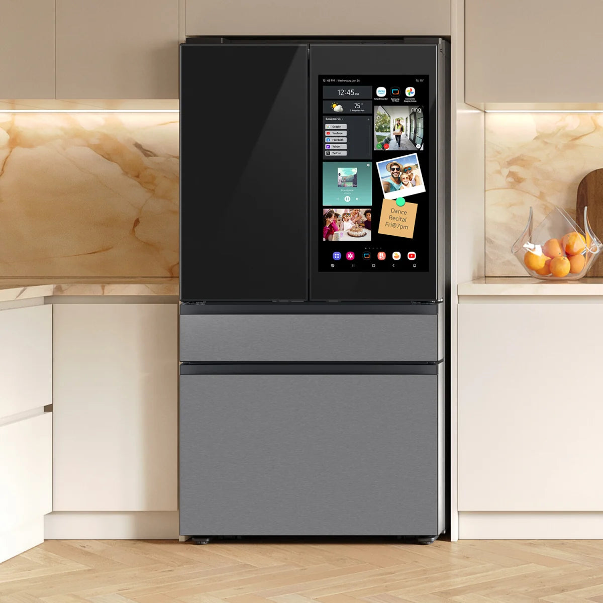 Bespoke 29 cu. ft. Standard Depth 4-Door French Door Refrigerator in Charcoal Glass/Stainless Steel with AI Family Hub+ RF90F29AECR