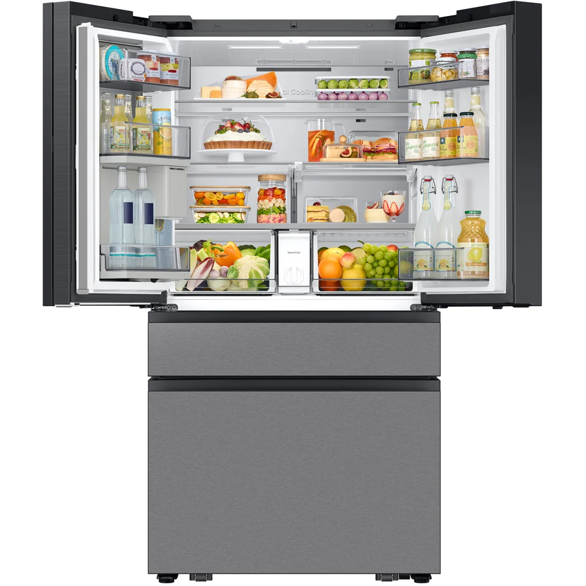 Bespoke 29 cu. ft. Standard Depth 4-Door French Door Refrigerator in Charcoal Glass/Stainless Steel with AI Family Hub+ RF90F29AECR