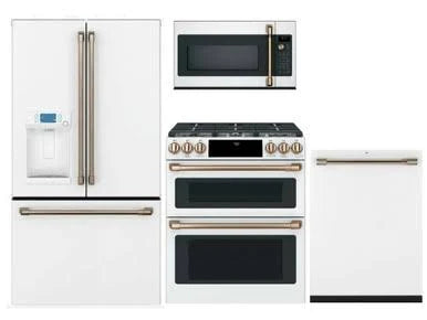 Cafe Appliance Package - 4 Piece Appliance Package with Gas Range - Matte White w/ Brushed Bronze Hardware