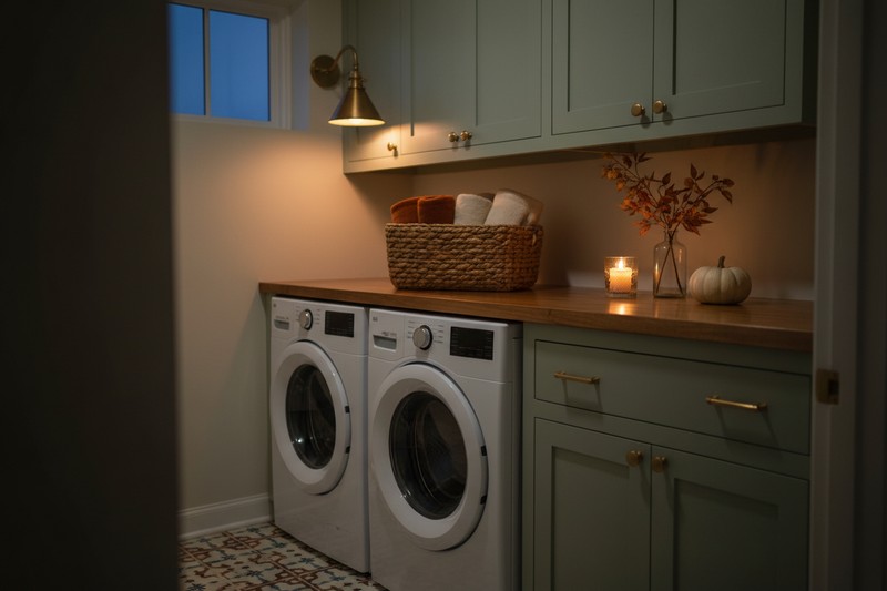Side-by-side washer and dryer in a sage green laundry room with folded towels, candle and pumpkin