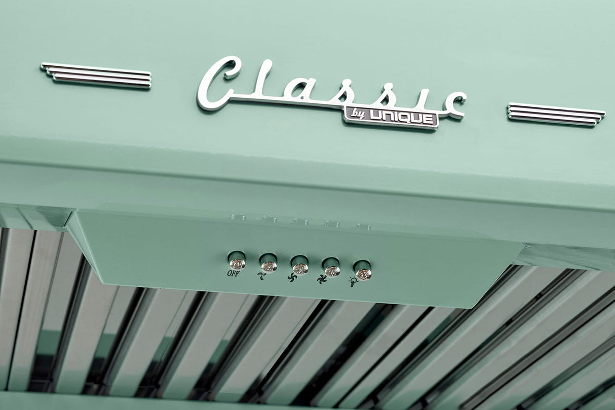 Classic Retro 24-inch 500 CFM Ducted Under Cabinet Range Hood with LED Lighting in Summer Mint Green UGP-24CR RH LG
