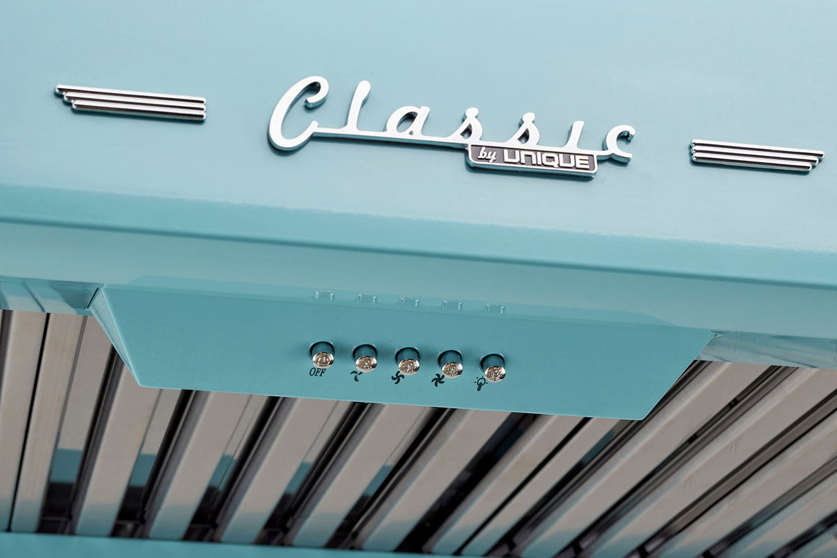 Classic Retro 24-inch 500 CFM Ducted Under Cabinet Range Hood with LED Lighting in Ocean Mist Turquoise UGP-24CR RH T