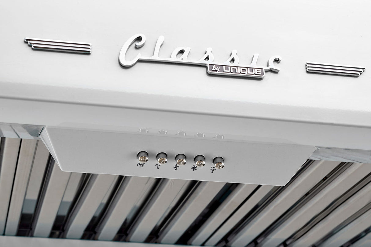 Classic Retro 24-inch 500 CFM Ducted Under Cabinet Range Hood with LED Lighting in Marshmallow White UGP-24CR RH W