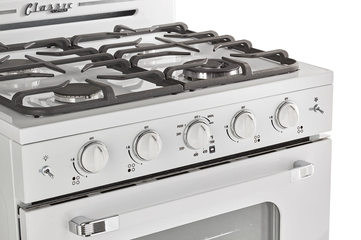 Classic Retro 30 -inch Free-Standing Gas Range with Convection Oven in Marshmallow White UGP-30CR W