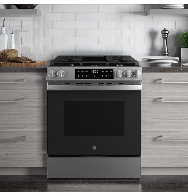 GE® 30" Slide-In Front Control Gas Range with Crisp Mode GGS500SVSS