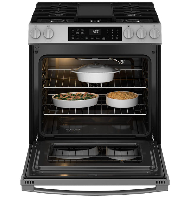 GE® 30" Slide-In Front-Control Convection Gas Range with No Preheat Air Fry and EasyWash™ Oven Tray GGS600AVFS