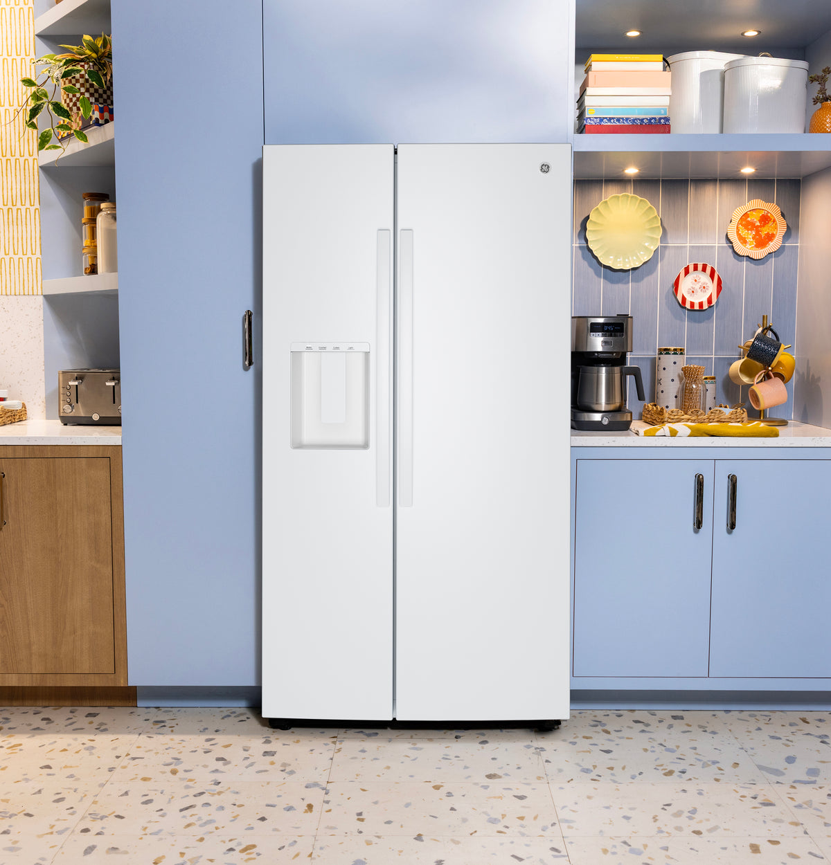 GE 23.6 Cu. Ft. Counter-Depth Side-By-Side Refrigerator with Extra Tall Dispenser and In-Door Icemaker GZS24NGYWW